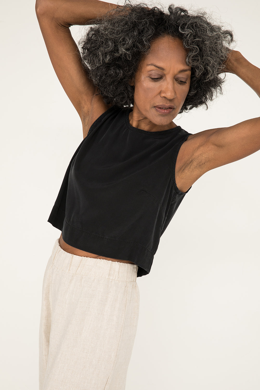Petra Crop in Silk Crepe, Washed Black, Size XS | READY TO SHIP